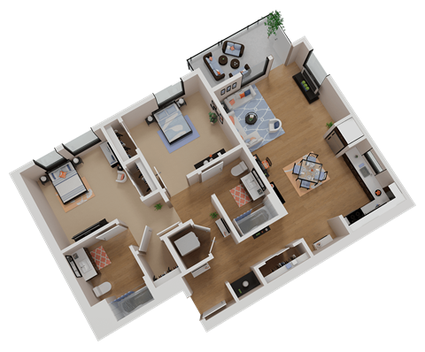 Floor plan for 2 beds, 2 baths, 1009 sqft